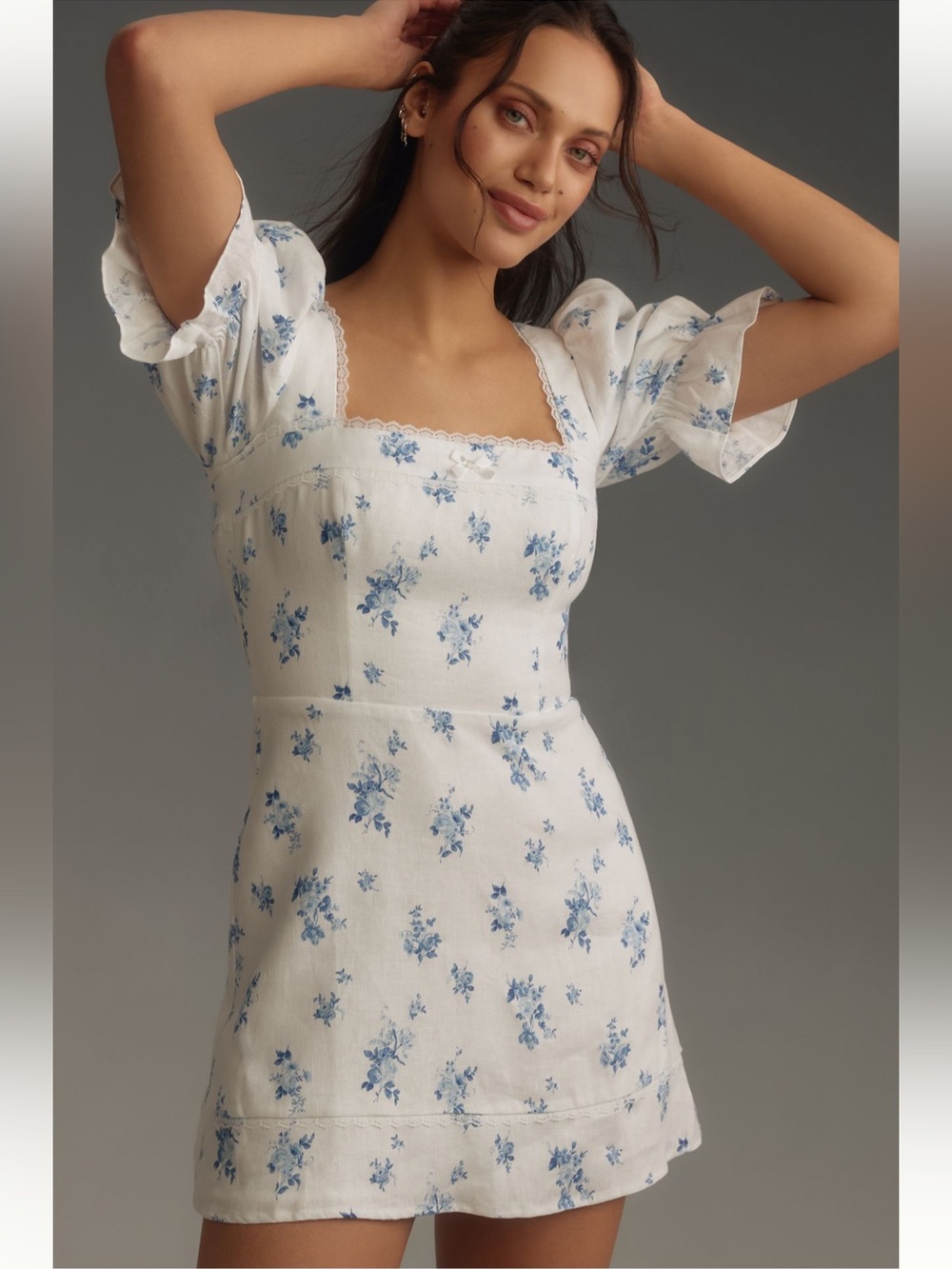 En Crème White/Blue Cottage Core with Lace Mini Dress NEW Size Small